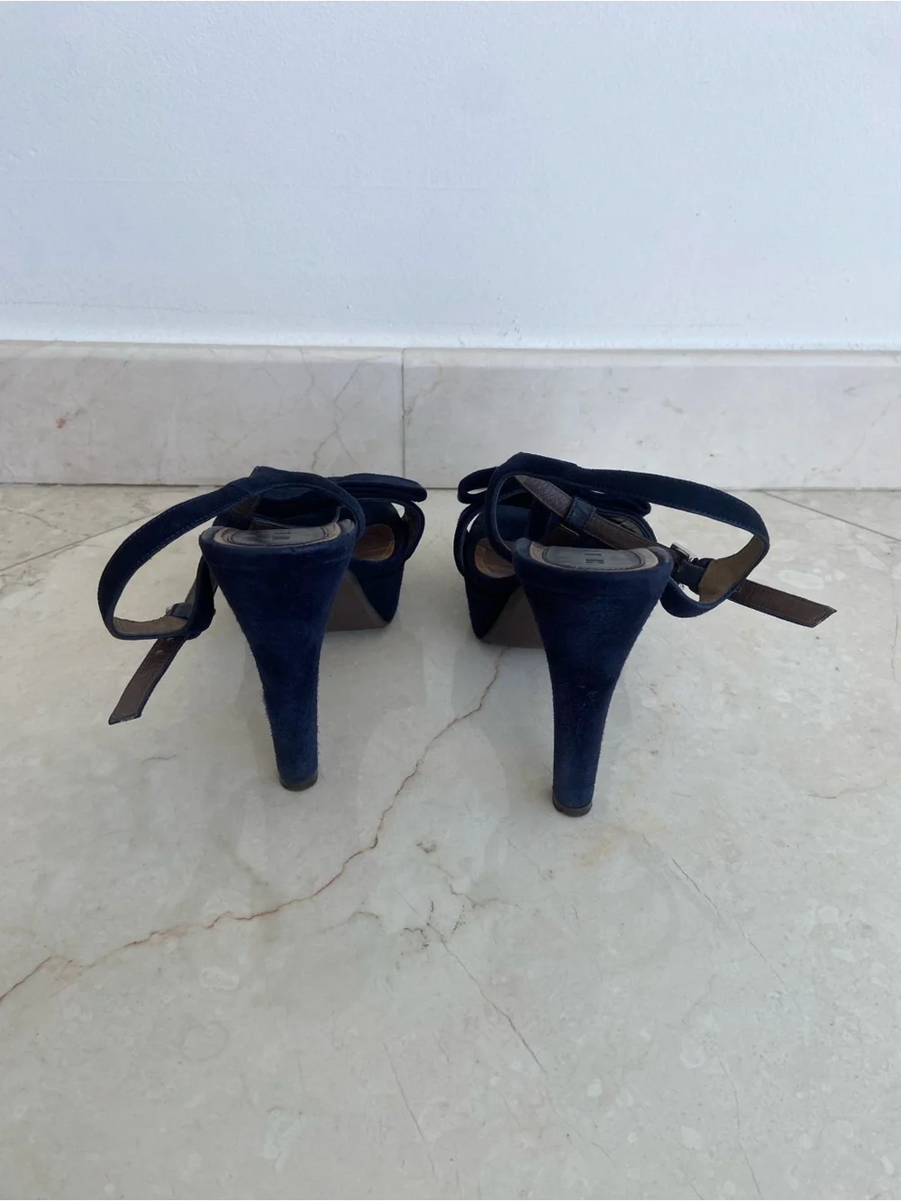 Marni Dark Navy Blue Suede T-Strap Bow Platform Sandals with Dust Bags